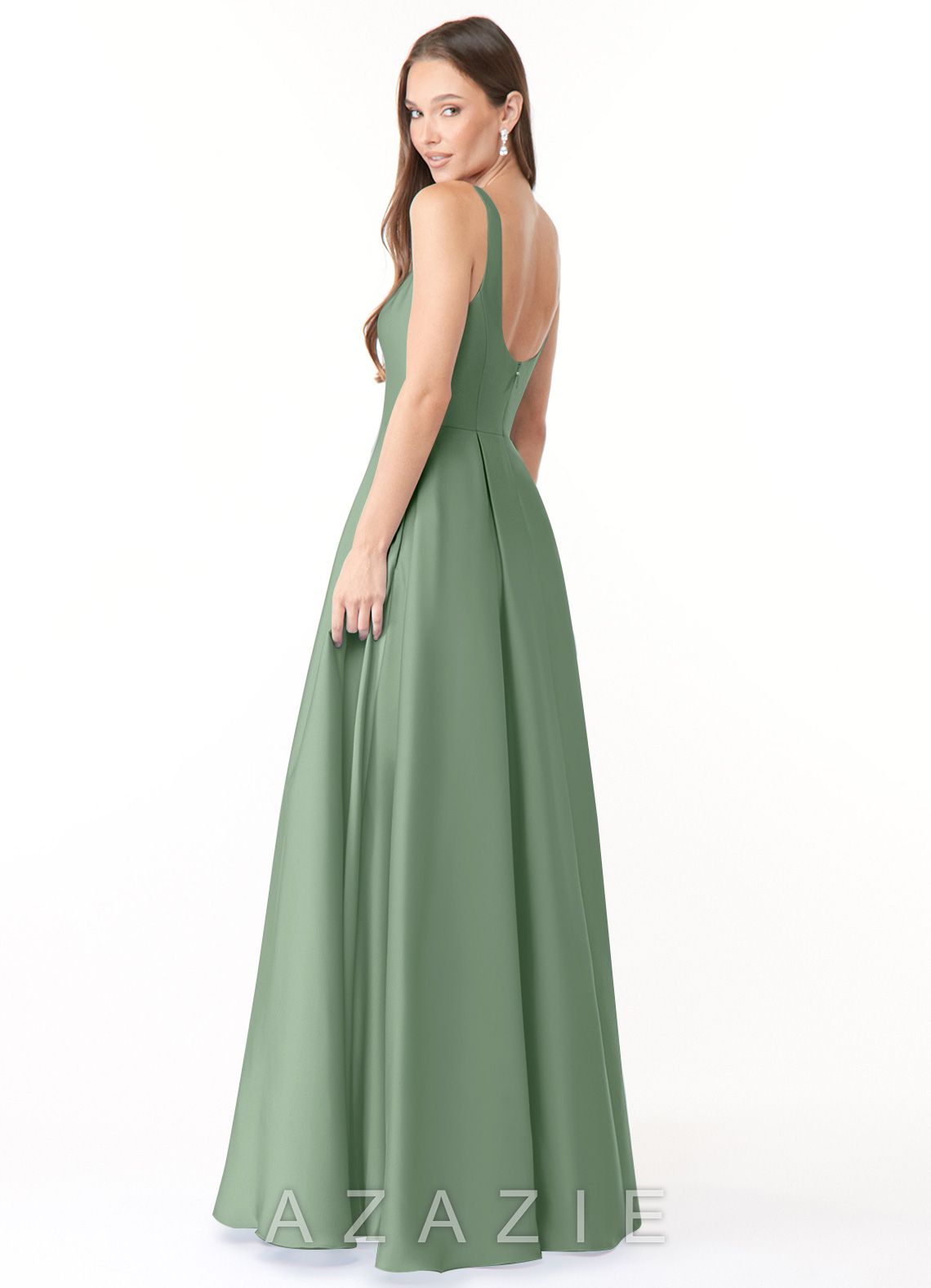 Azazie Neve Matcha Ball-Gown with Pockets Stretch Satin Dress matcha