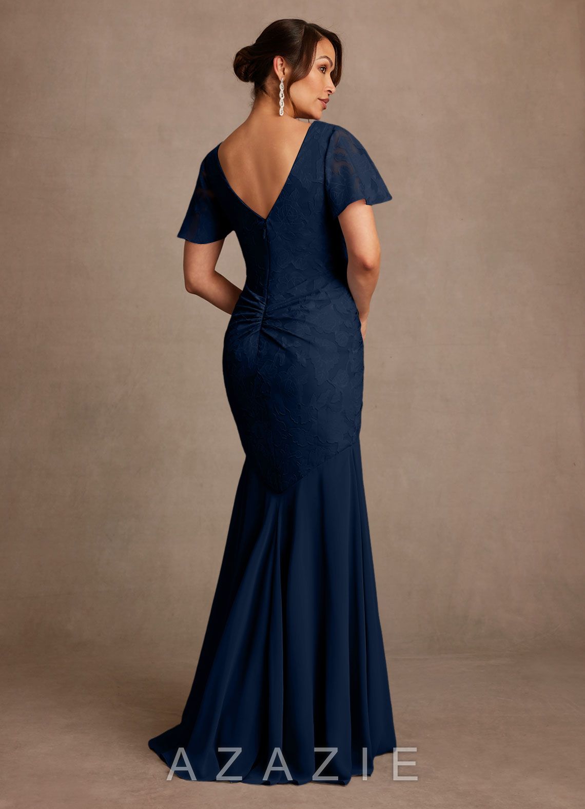 Azazie Jolene Dark Navy Mermaid Pleated Floral Burnout Dress dark_navy