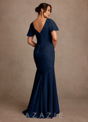 Azazie Jolene Dark Navy Mermaid Pleated Floral Burnout Dress dark_navy