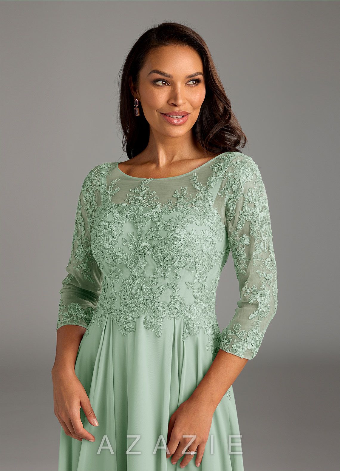 Azazie Marge Agave A-Line Scoop Lace Chiffon Dress agave