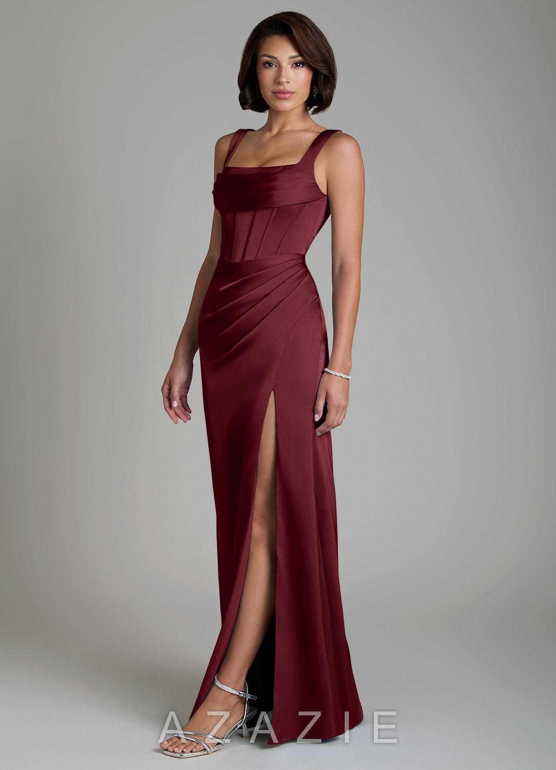 Azazie Amora Cabernet Mermaid Corset Stretch Satin Dress cabernet