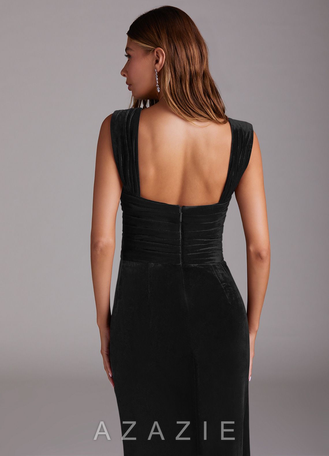 Azazie Genesis Black Sheath Pleated Velvet Dress black