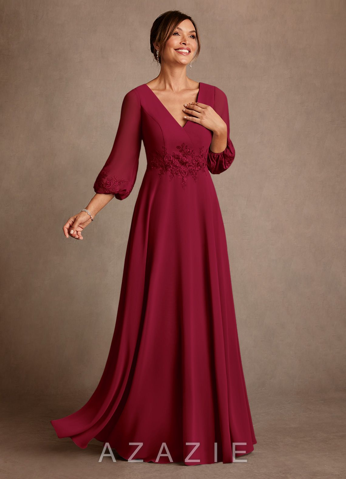 Azazie Yorba Burgundy A-Line Lace Chiffon Dress burgundy