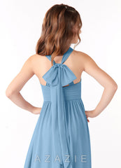 Azazie Jaylah Junior Steel Blue A-Line Ruched Chiffon Dress steel_blue