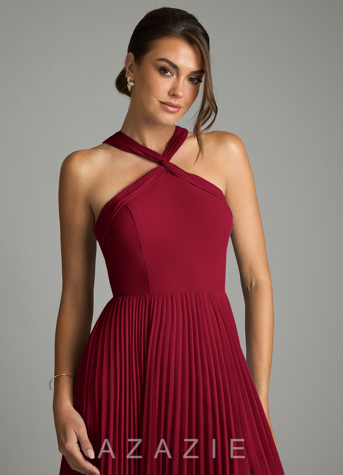 Azazie Afra Burgundy A-Line Pleated Chiffon Dress burgundy