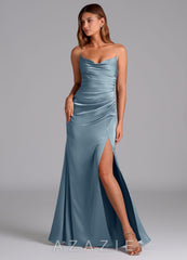 Azazie Claudelle Dusty Blue Mermaid Strapless Stretch Satin Dress