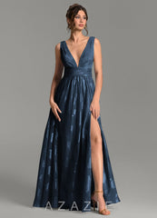Azazie Vanessa Dark Navy A-Line Pleated Floral Jacquard Burnout Dress