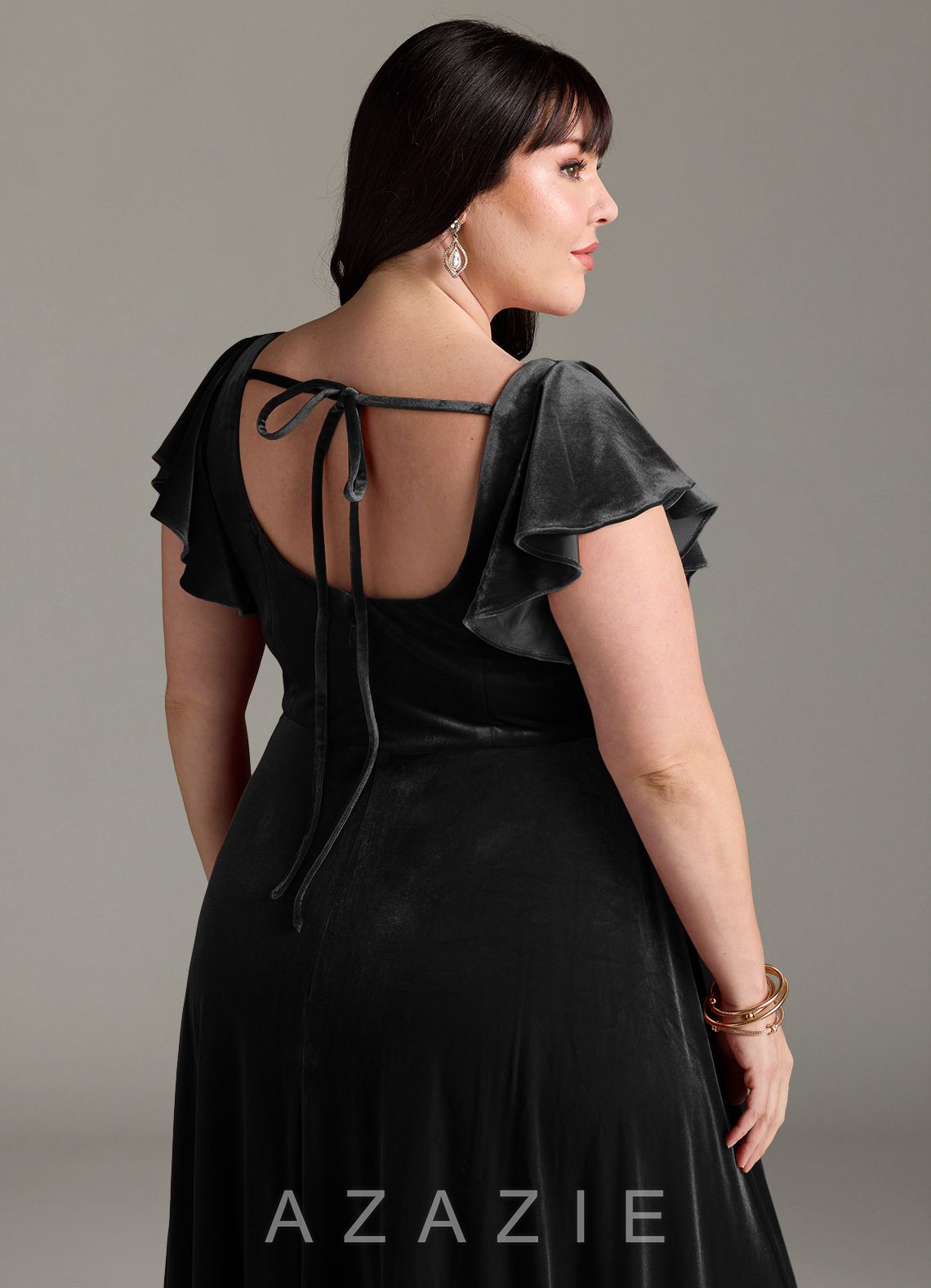 Azazie Bondi Black A-Line Side Slit Velvet Dress black