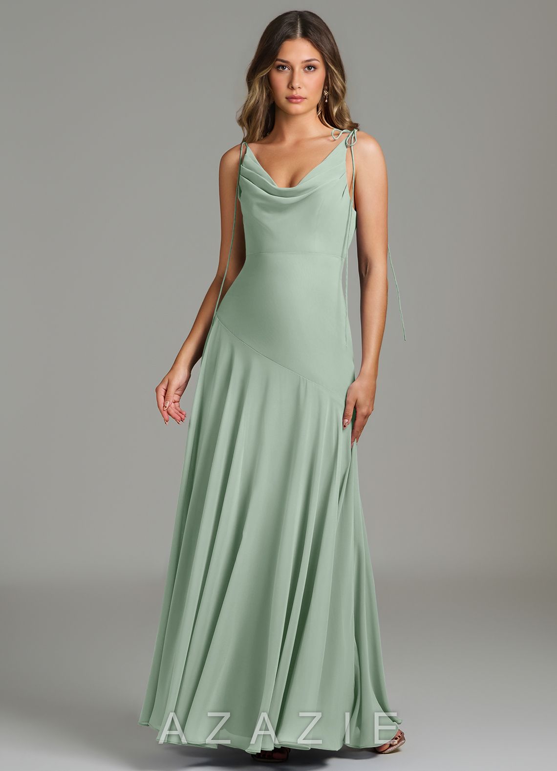 Azazie Dawn Agave Mermaid Pleated Chiffon Dress agave