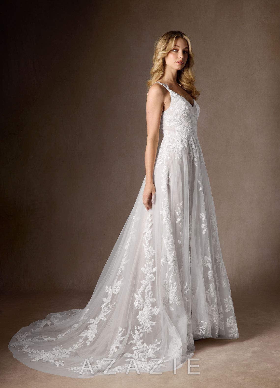 Azazie Delaina Wedding Dress Diamond White A-Line V-Neck Sequins Tulle Dress diamond_white