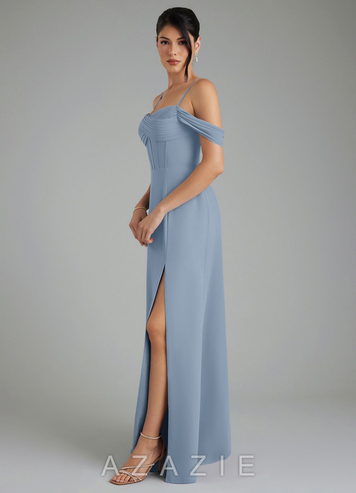 Azazie Cece Dusty Blue A-Line Off the Shoulder Chiffon Dress dusty_blue