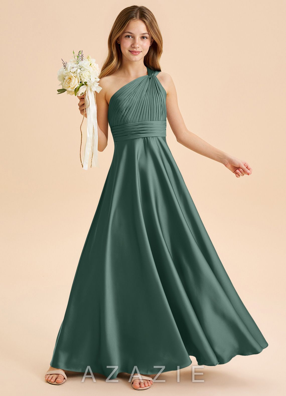 Azazie Charlize Junior Eucalyptus A-Line Pleated Stretch Satin Dress