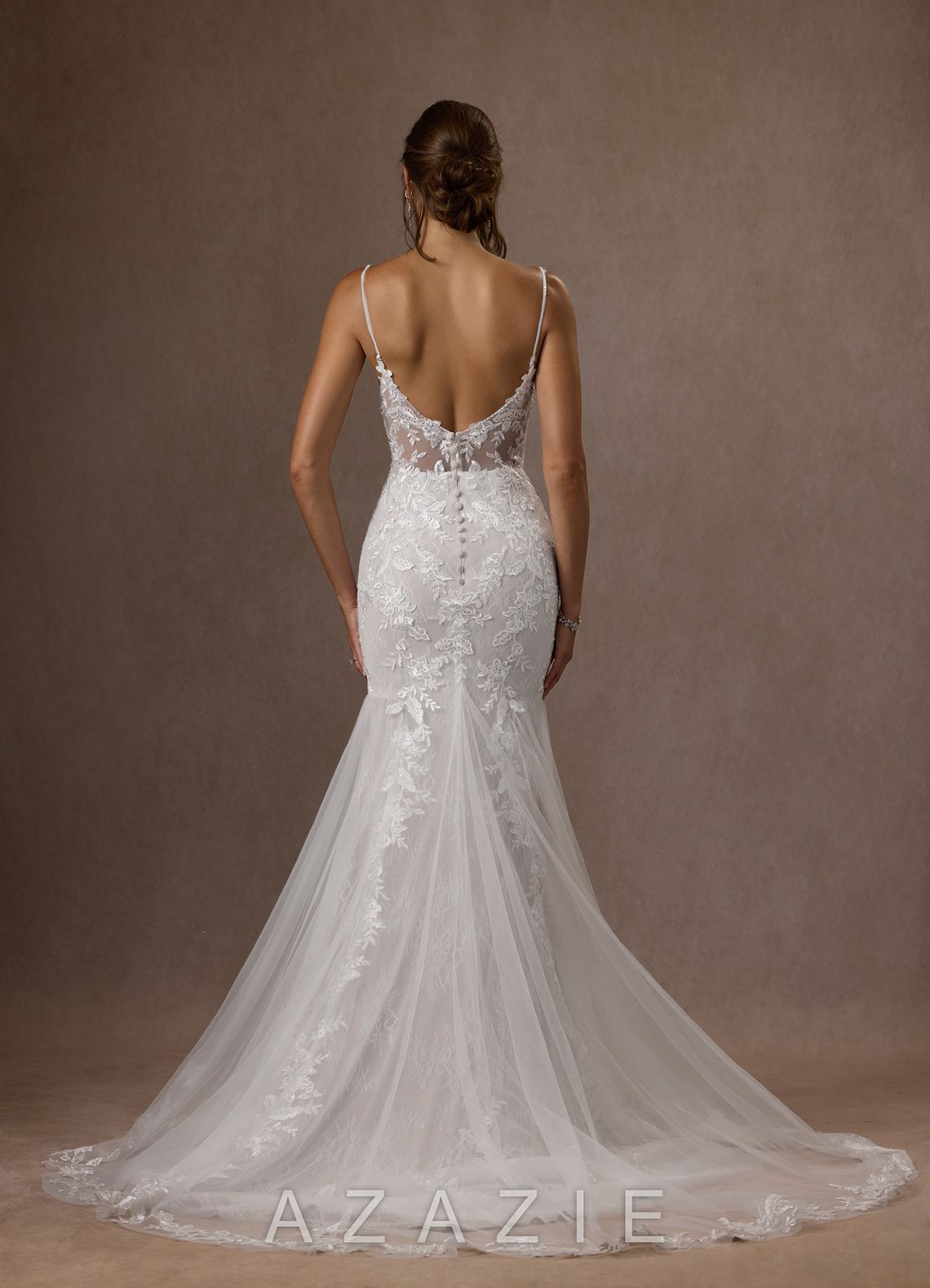 Azazie Leonie Wedding Dress Diamond White Mermaid V-Neck Sequins Tulle Dress diamond_white