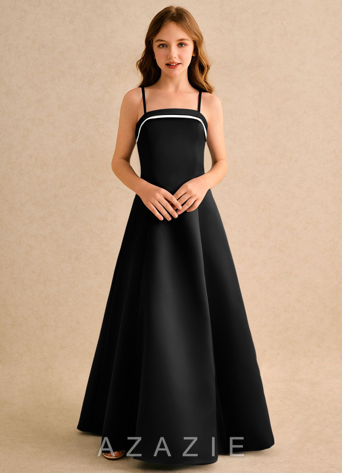 Azazie Izel Girls Formal Ivory Black A-Line Pleated Matte Satin Dress ivory/black