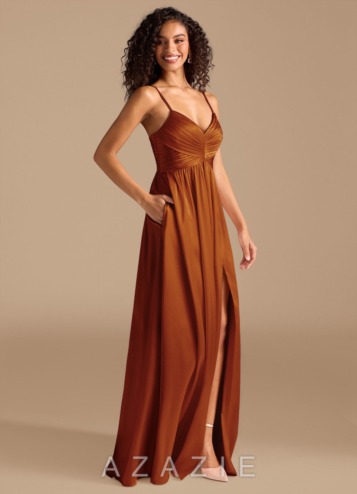 Azazie Alia Auburn A-Line Pleated Metallic Satin Dress auburn