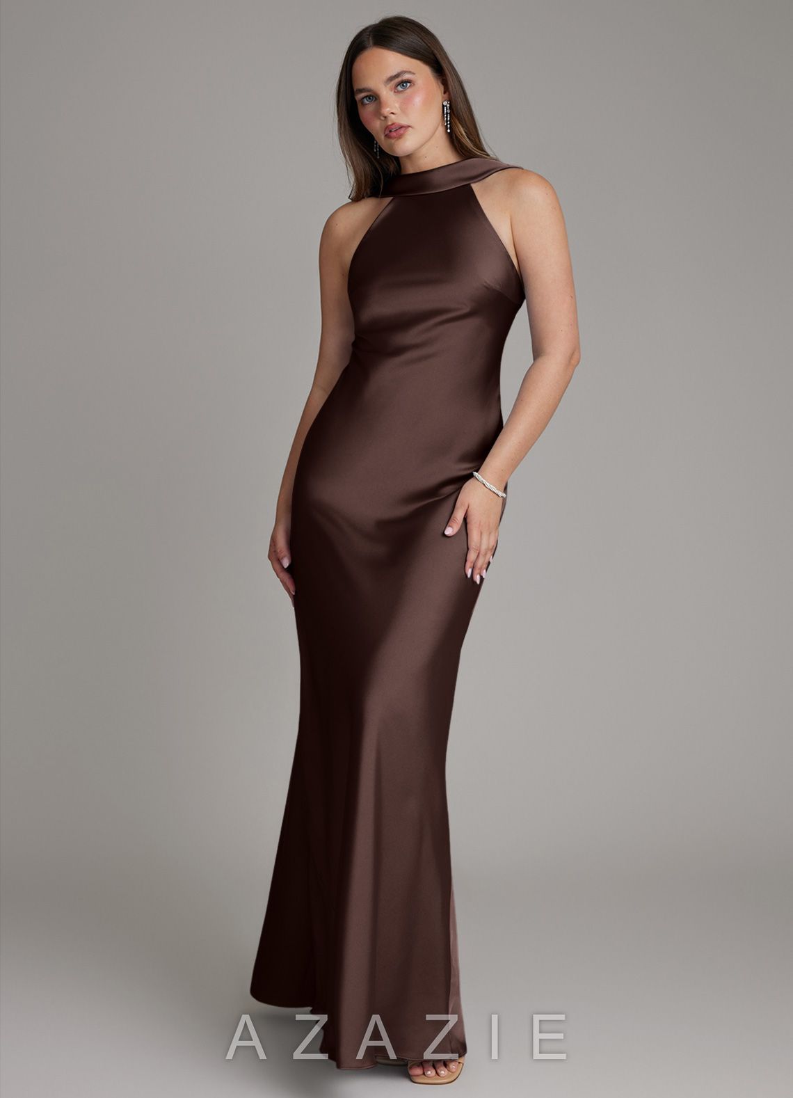 Azazie Dimitra Ganache Sheath Pleated Stretch Satin Dress