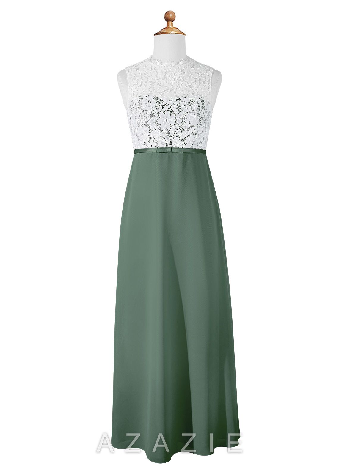 Azazie Rana Junior Eucalyptus A-Line Lace Chiffon Dress eucalyptus