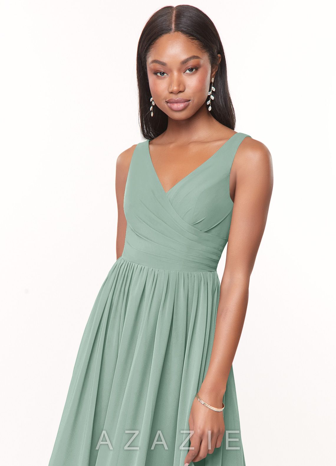 Azazie Keyla Agave A-Line V-Neck Pleated Chiffon Dress agave