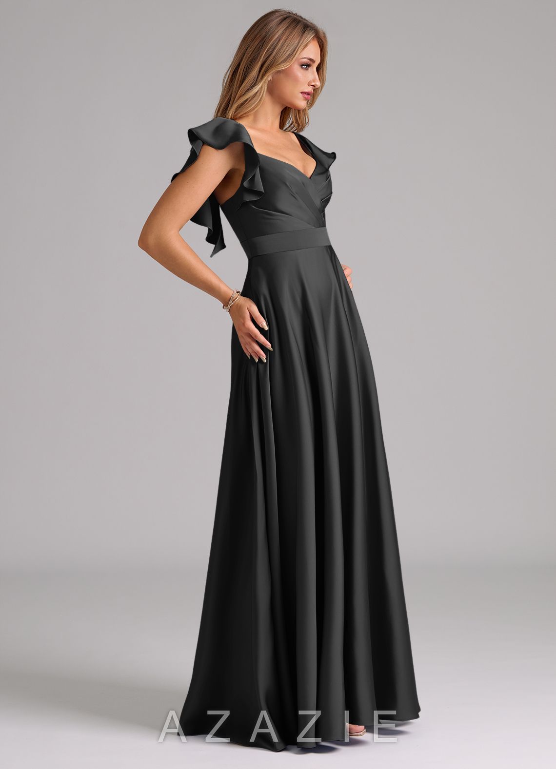 Azazie Leilani Black A-Line Ruched Stretch Satin Dress black