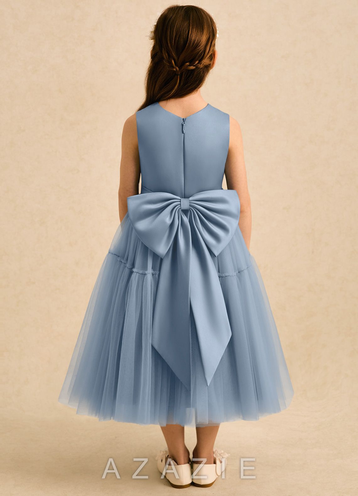 Azazie Kennedy Dusty Blue A-Line Ruched Tulle Dress dusty_blue