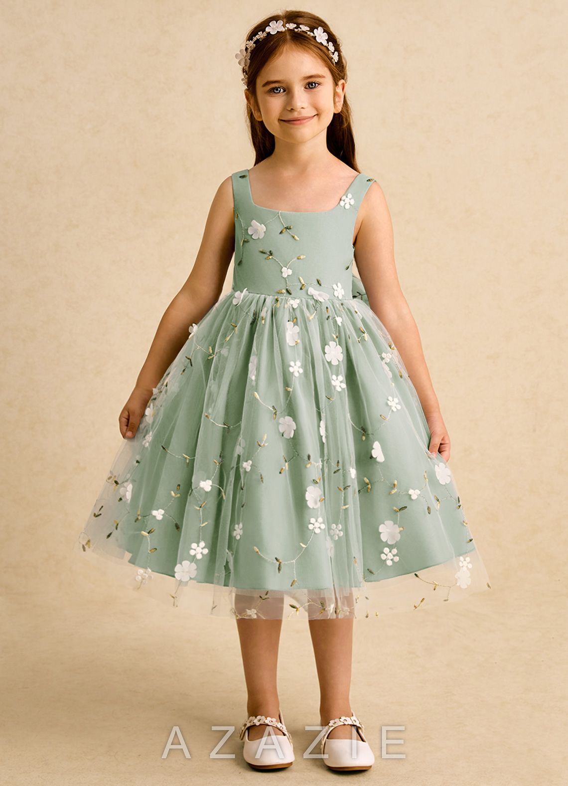 Azazie Bean Dusty Sage Ball-Gown Sleeveless Tulle Dress