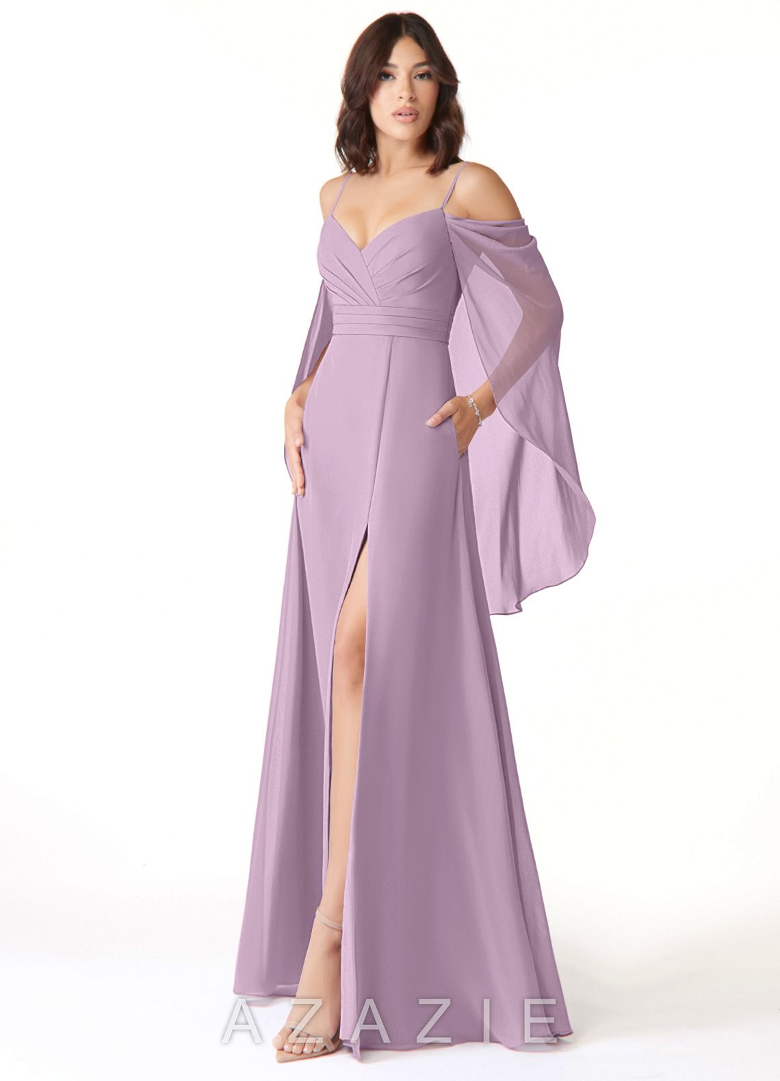Azazie Cienna Wisteria A-Line Long Sleeve Chiffon Dress wisteria