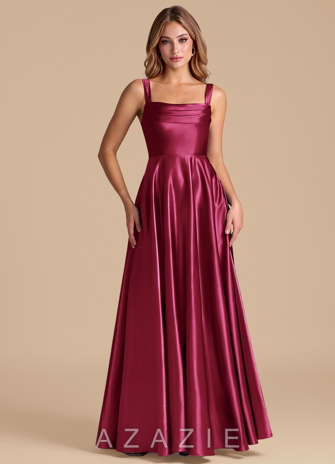 Azazie Shaude Burgundy A-Line Pleated Metallic Satin Dress burgundy