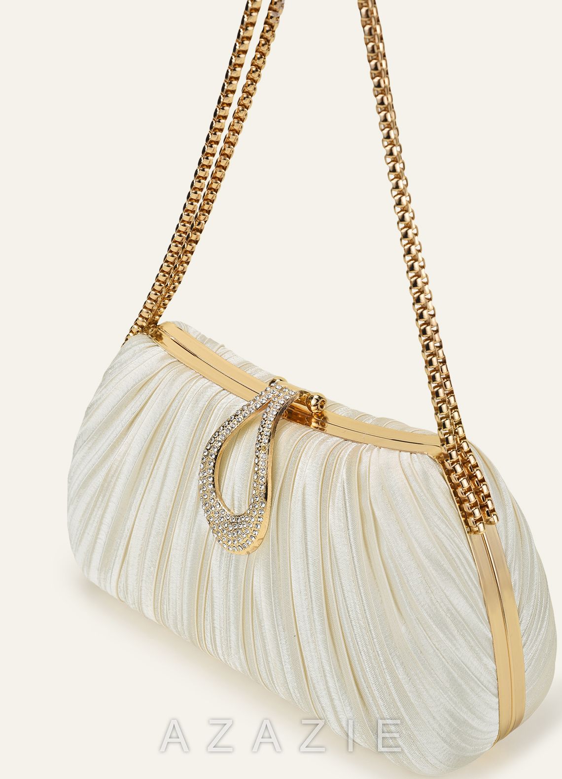 Matching Color Crystal Buckle Pleated Satin Clutch Bag