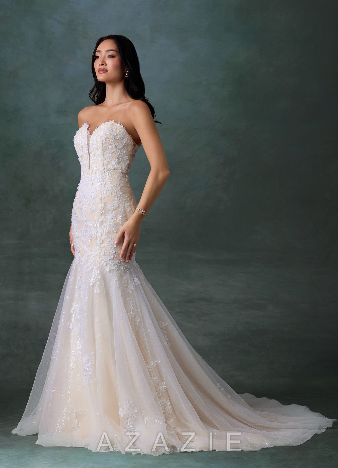 Azazie Chelley Diamond White Champagne Mermaid Strapless Tulle Dress diamond_white/champagne