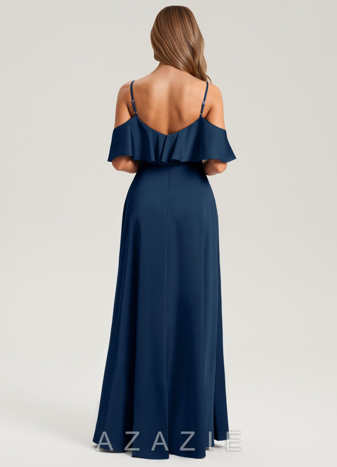 Azazie Jean Dark Navy A-Line Off the Shoulder Stretch Satin Dress dark_navy