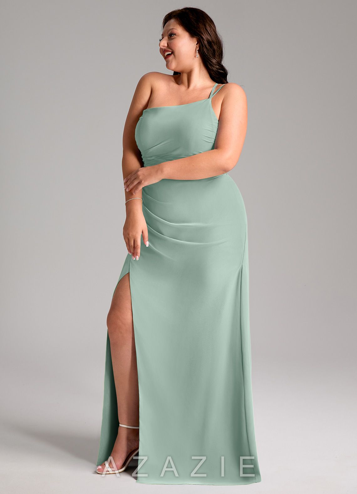 Azazie Eren Agave Sheath One Shoulder Chiffon Dress agave