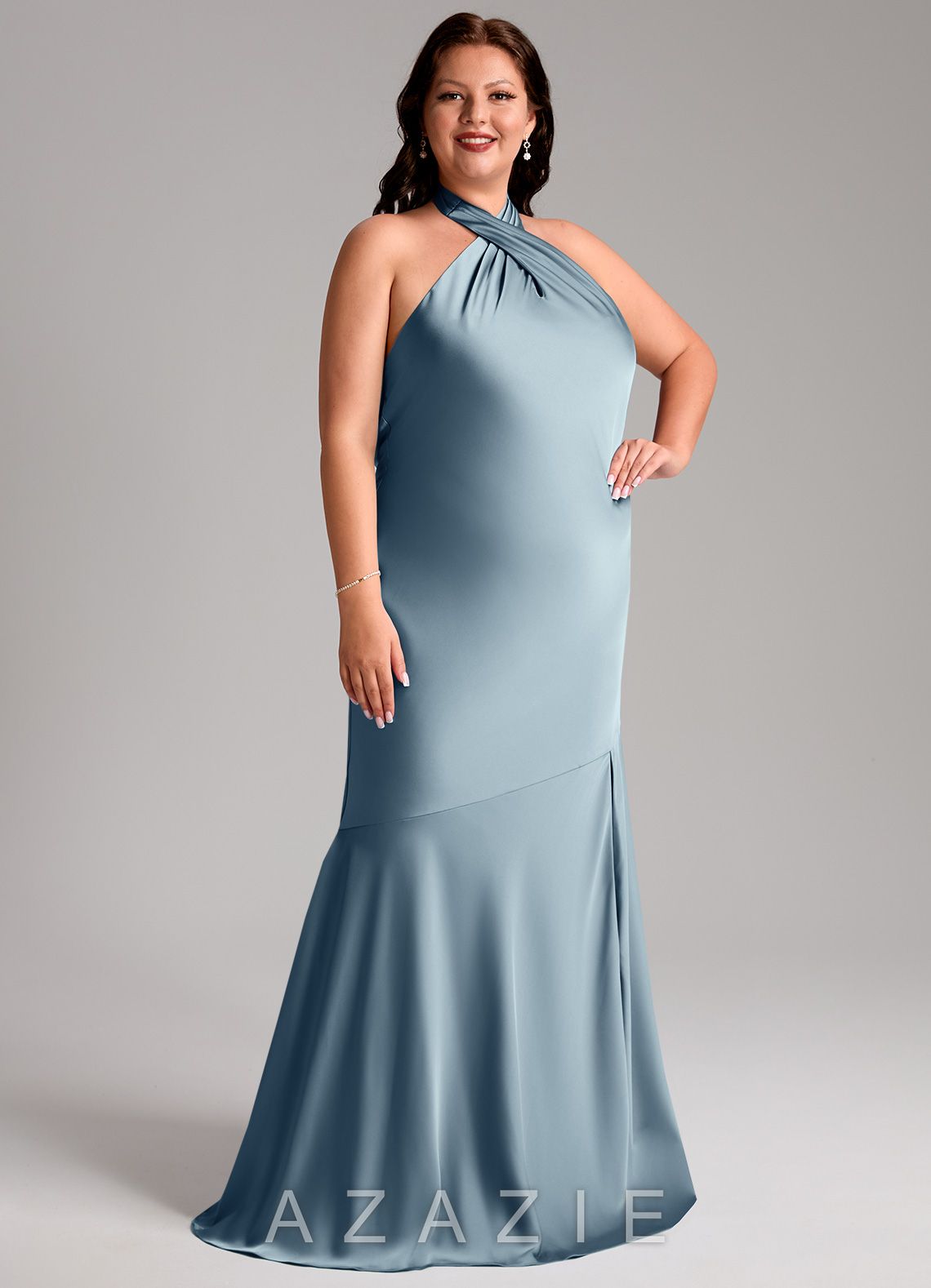 Azazie Lorena Dusty Blue Mermaid Pleated Stretch Satin Dress dusty_blue