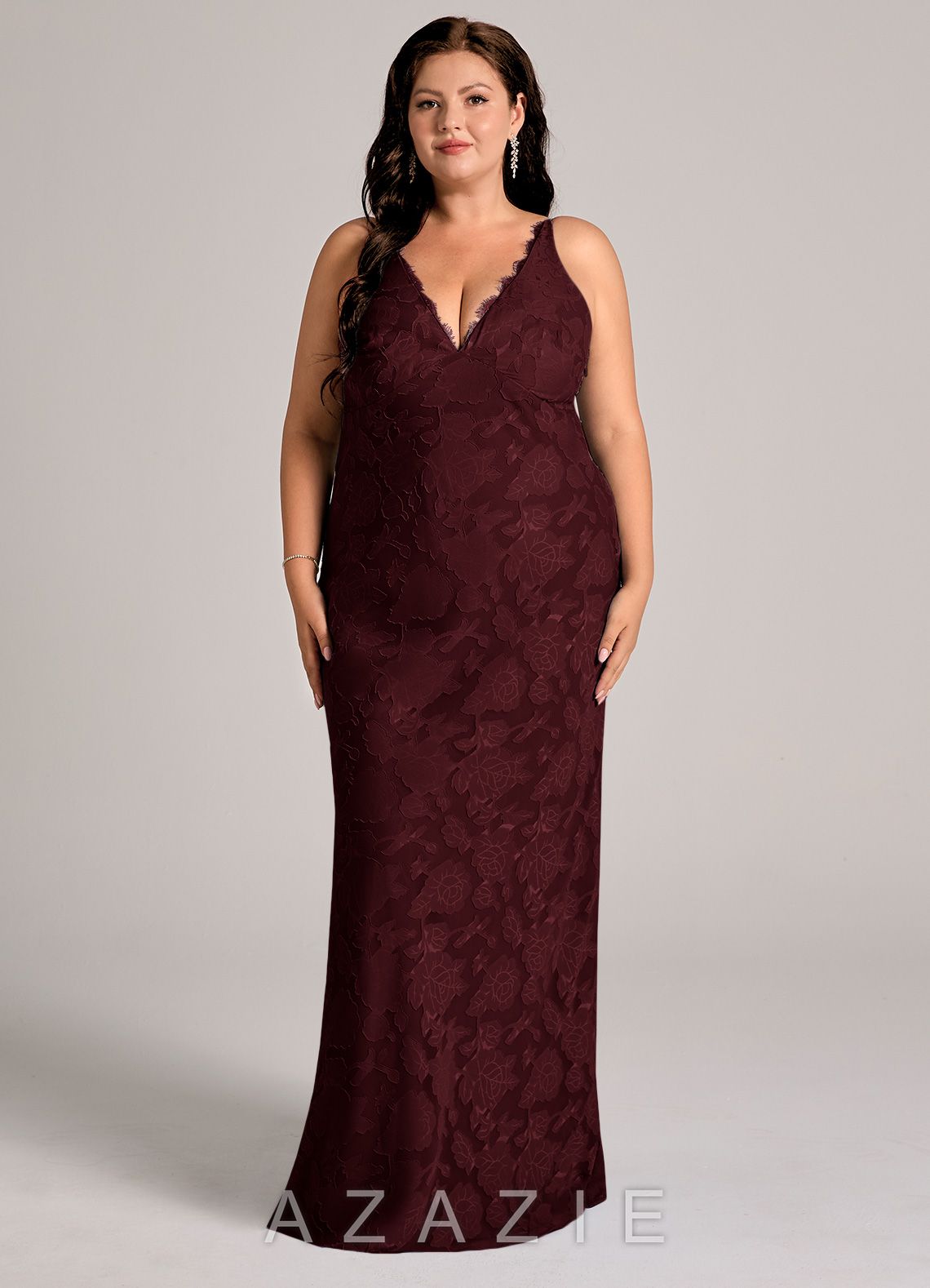 Azazie Tianna Cabernet Sheath Lace Floral Burnout Dress cabernet