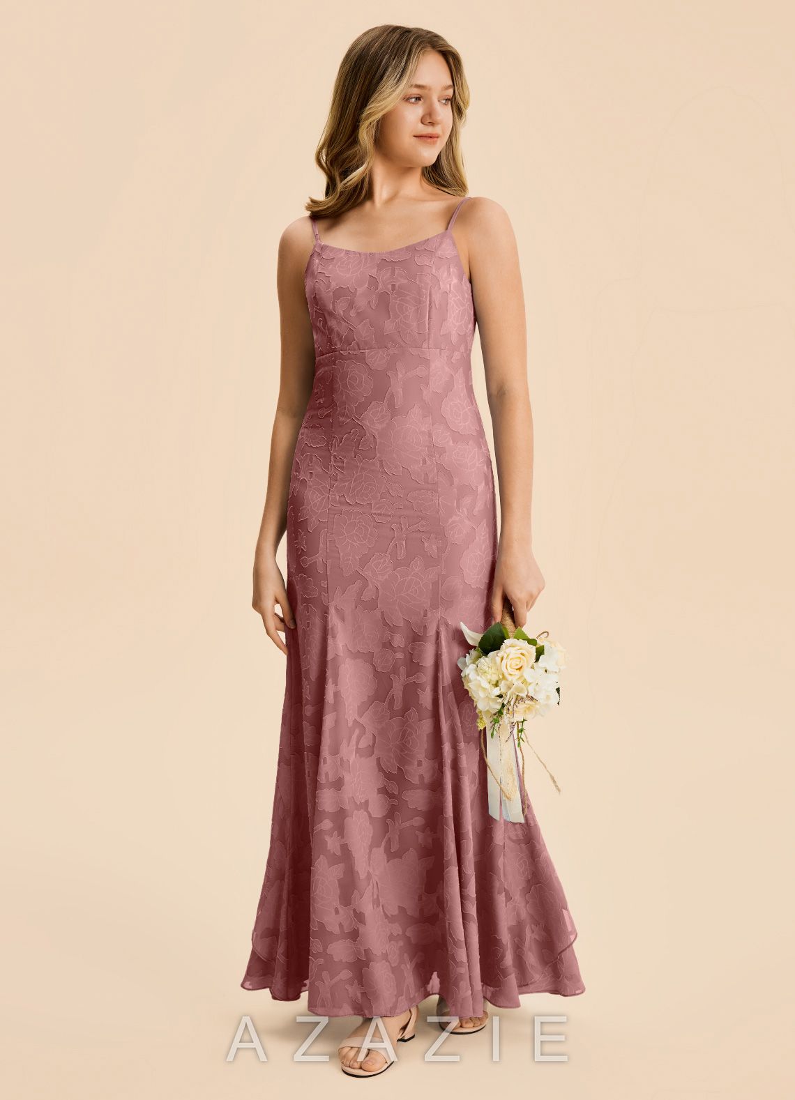 Azazie Lioren Junior Dusty Rose Mermaid Ruched Floral Burnout Dress dusty_rose