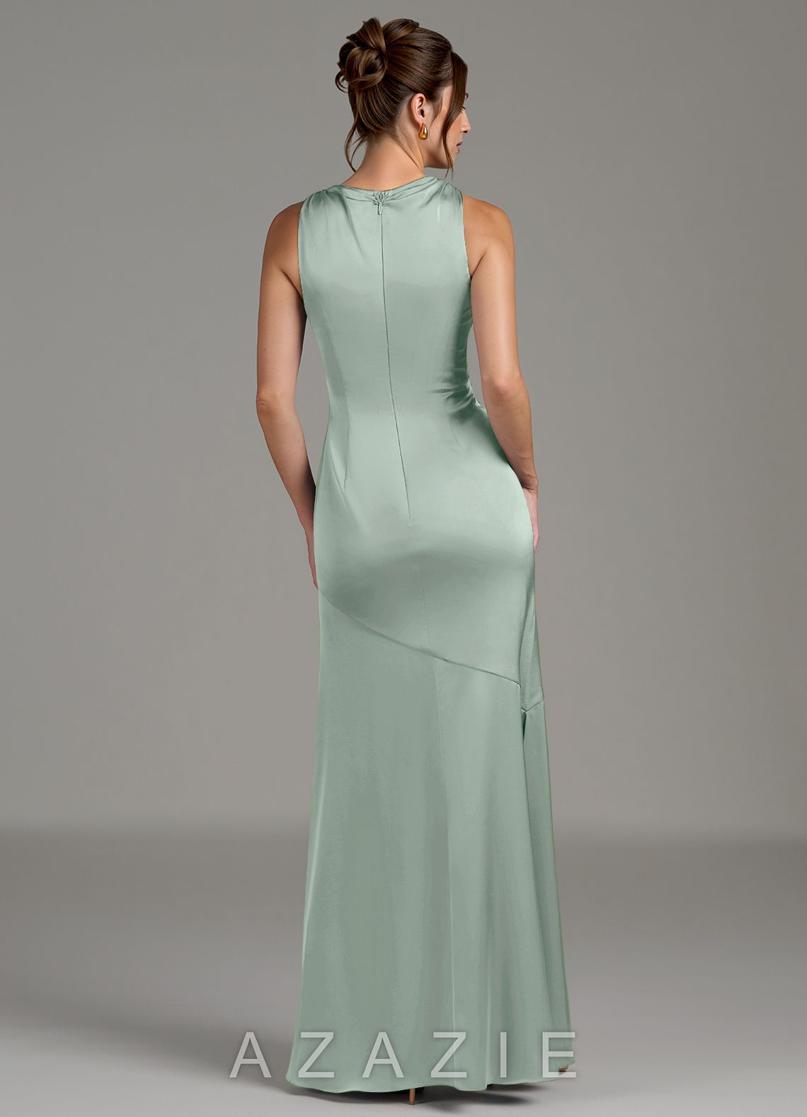 Azazie Kiara Agave Mermaid Pleated Stretch Satin Dress agave
