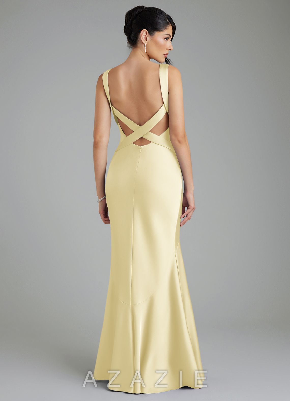 Azazie Monica Lemon Sorbet Mermaid Pleated Stretch Satin Dress lemon_sorbet