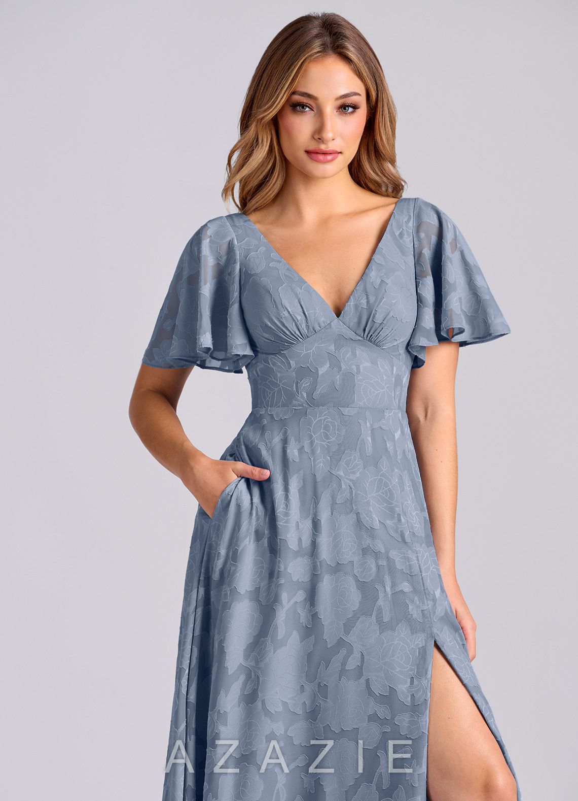 Azazie Kimber Dusty Blue A-Line with Pockets Floral Burnout Dress dusty_blue