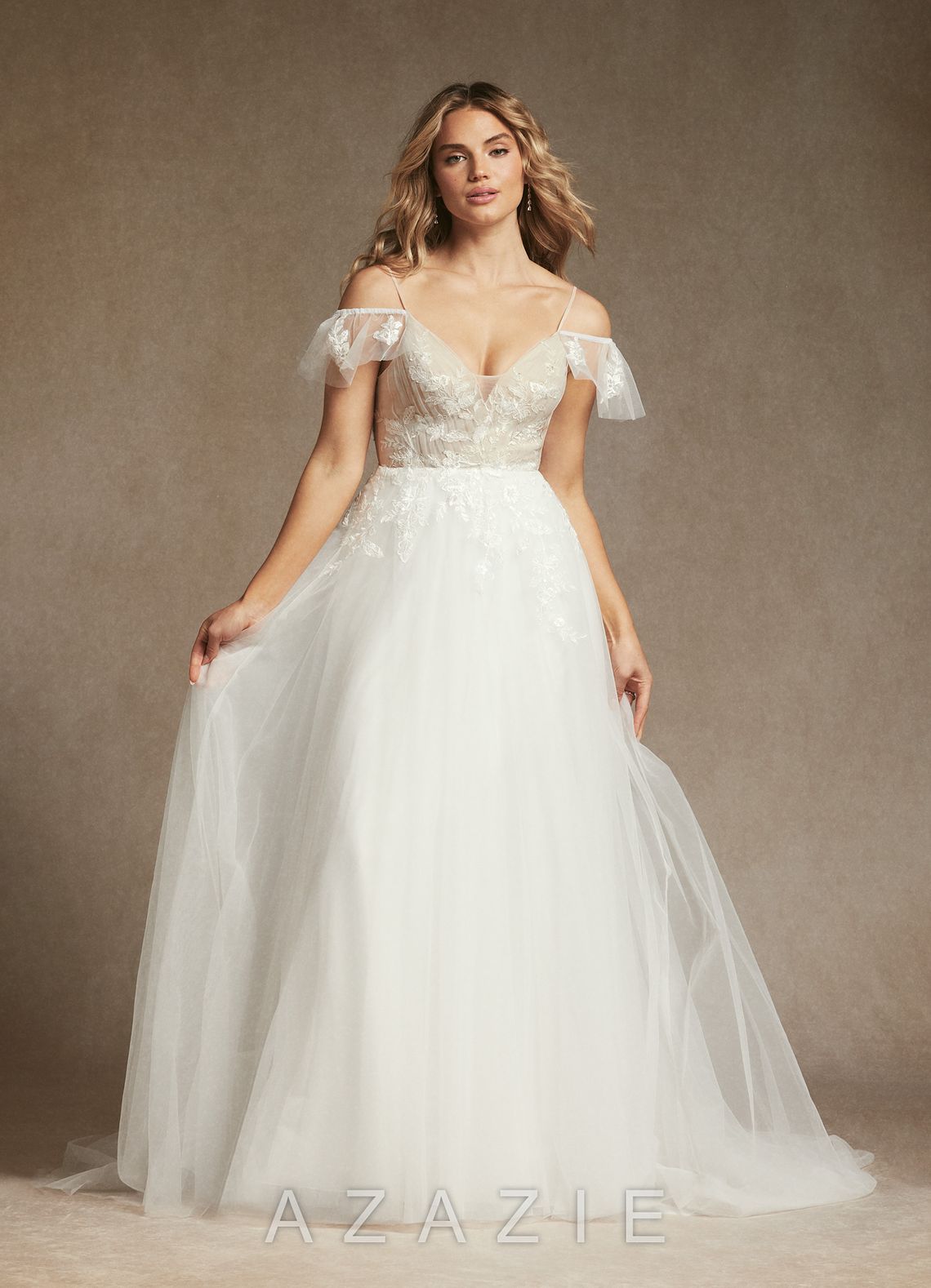 Azazie Iva Wedding Dress Diamond White Champagne A-Line V-Neck Sequins Tulle Dress diamond_white/champagne