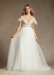 Azazie Iva Wedding Dress Diamond White Champagne A-Line V-Neck Sequins Tulle Dress diamond_white/champagne