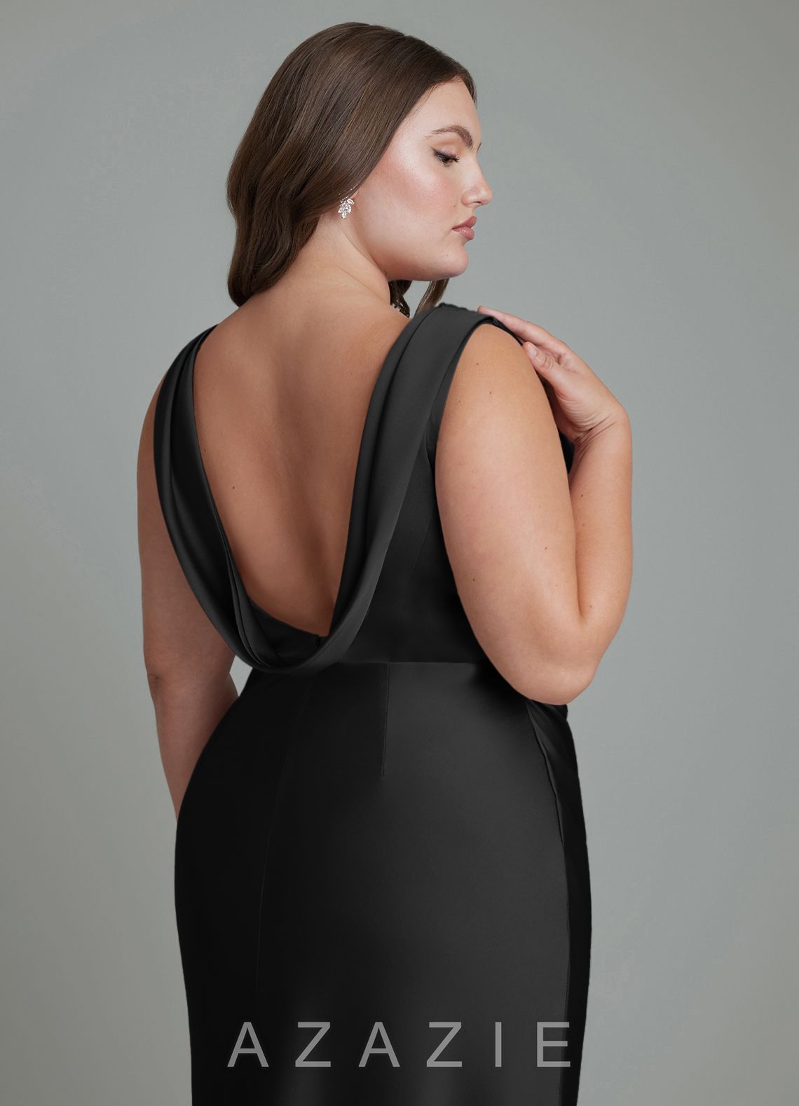 Azazie Kieryn Black Mermaid Pleated Stretch Satin Dress black