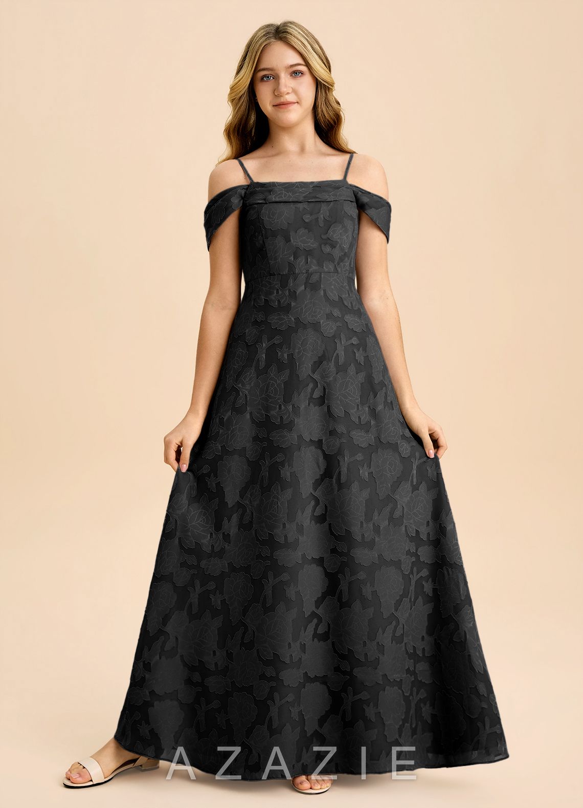 Azazie Anselie Junior Black A-Line Off the Shoulder Floral Burnout Dress black