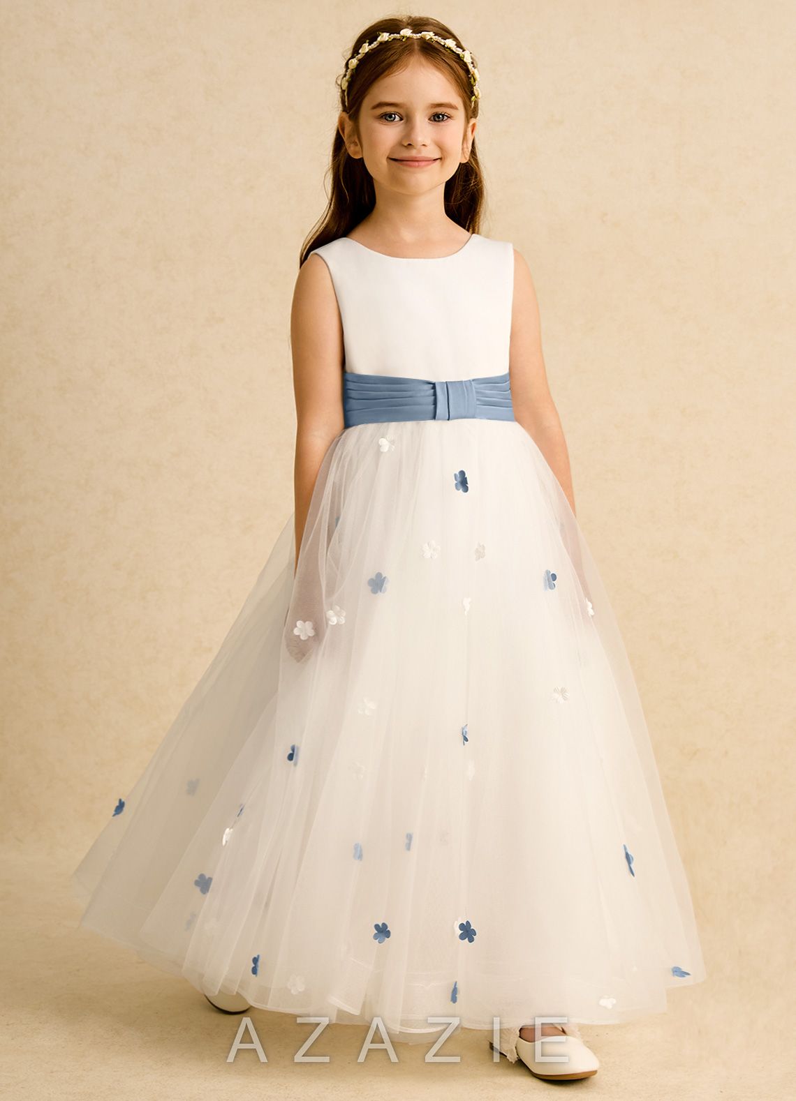 Azazie Cricket Ivory Dusty Blue Ball-Gown Pleated Matte Satin Dress ivory/dusty_blue