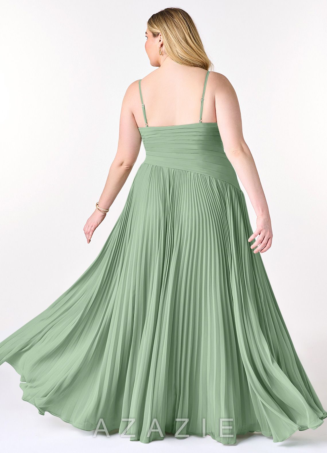 Azazie Vini Matcha A-Line V-Neck Pleated Chiffon Dress matcha