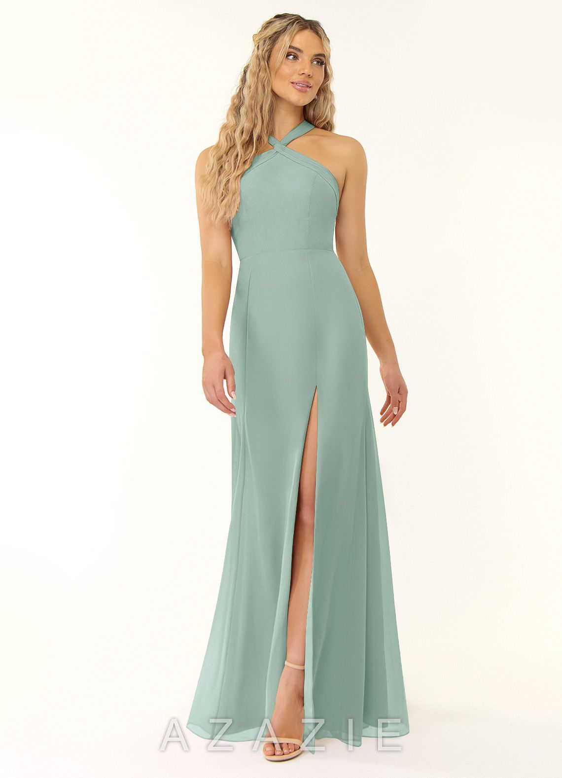 Azazie Rue Agave A-Line Halter Chiffon Dress