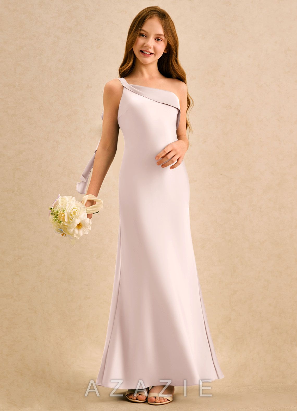 Azazie Almond Girls Formal Blushing Pink Sheath One Shoulder Stretch Satin Dress blushing_pink