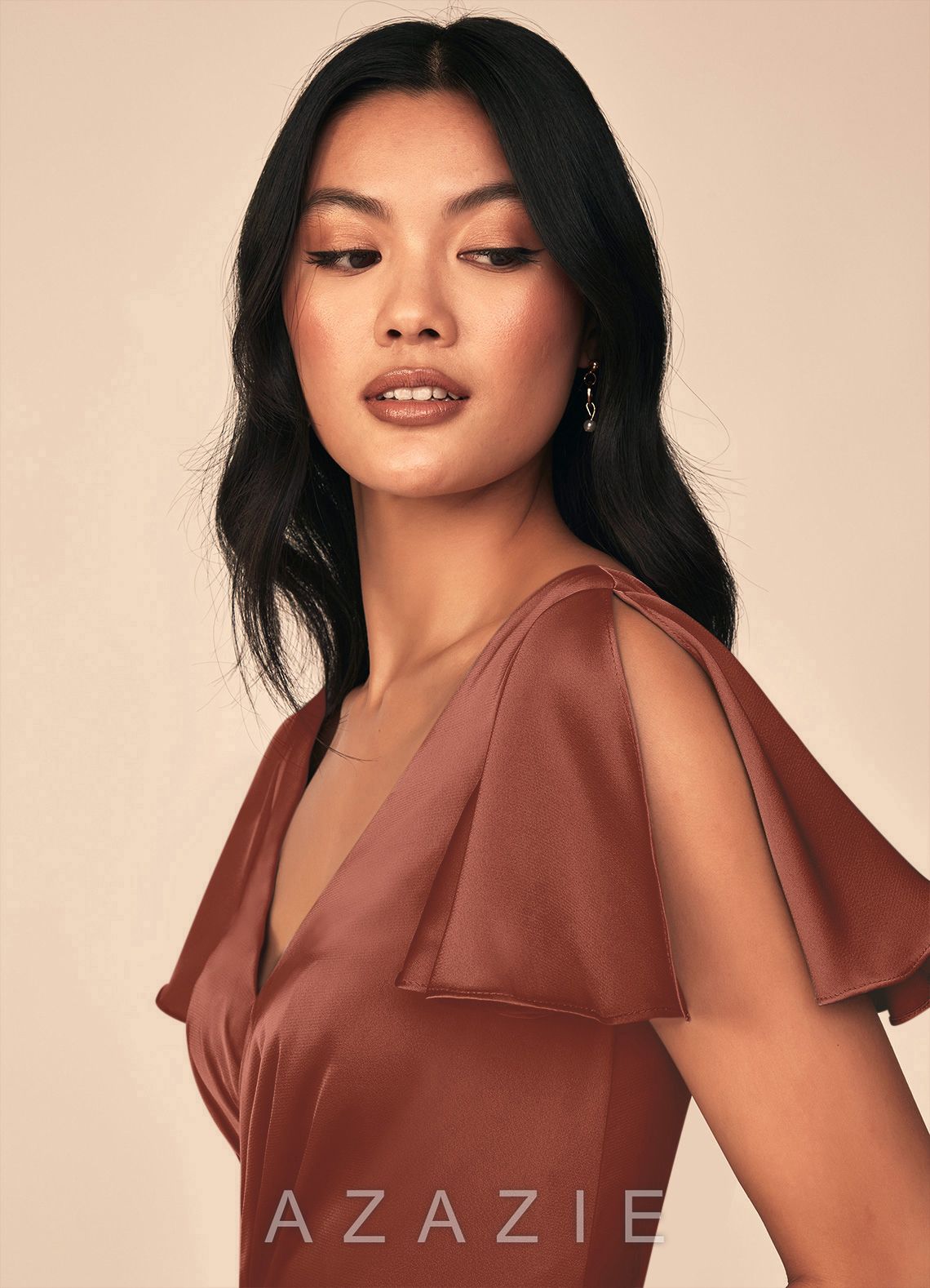 Azazie Soren Auburn A-Line Pleated Stretch Satin Dress auburn