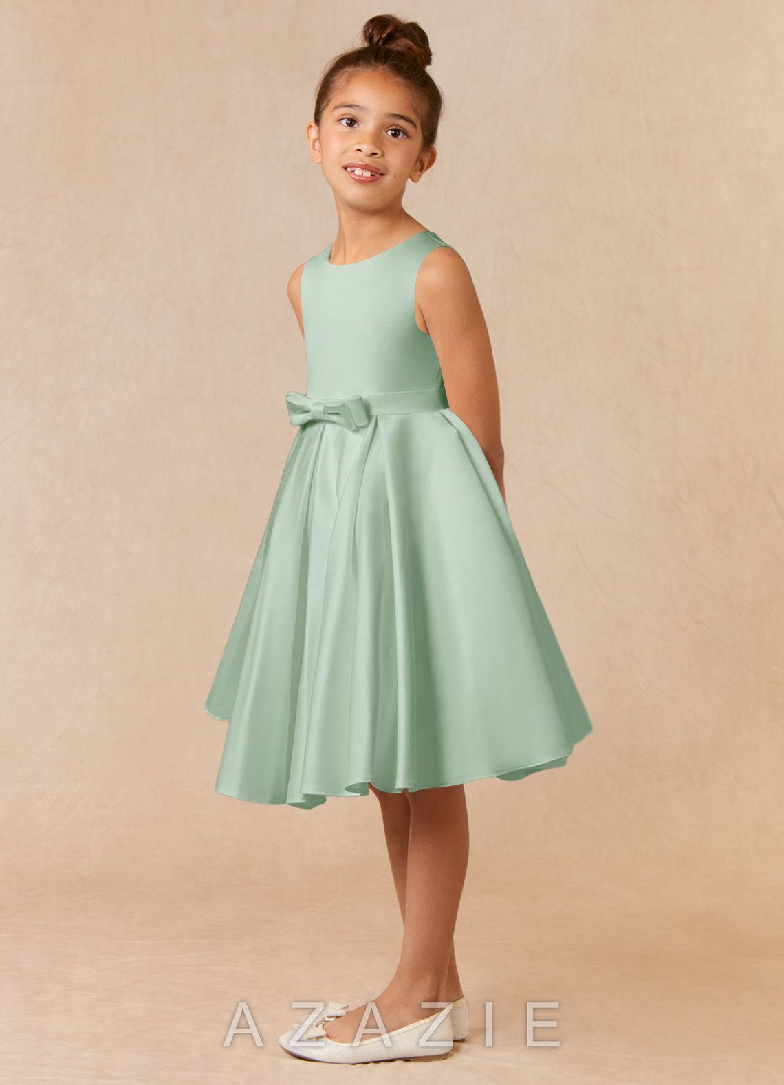 Azazie Coco Agave A-Line Bow Matte Satin Dress agave