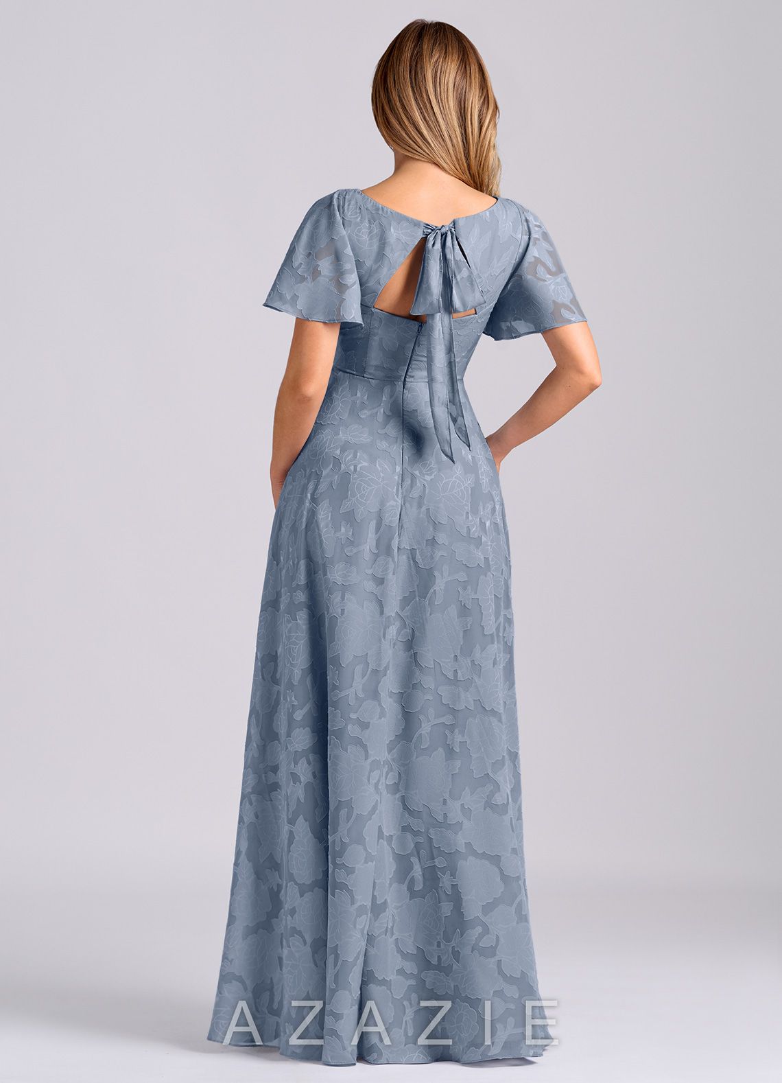 Azazie Kimber Dusty Blue A-Line with Pockets Floral Burnout Dress dusty_blue