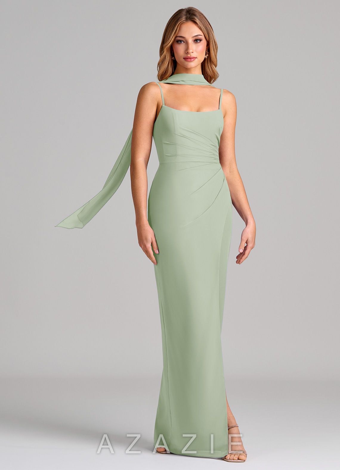 Azazie Calandra Dusty Sage Sheath Pleated Chiffon Dress dusty_sage
