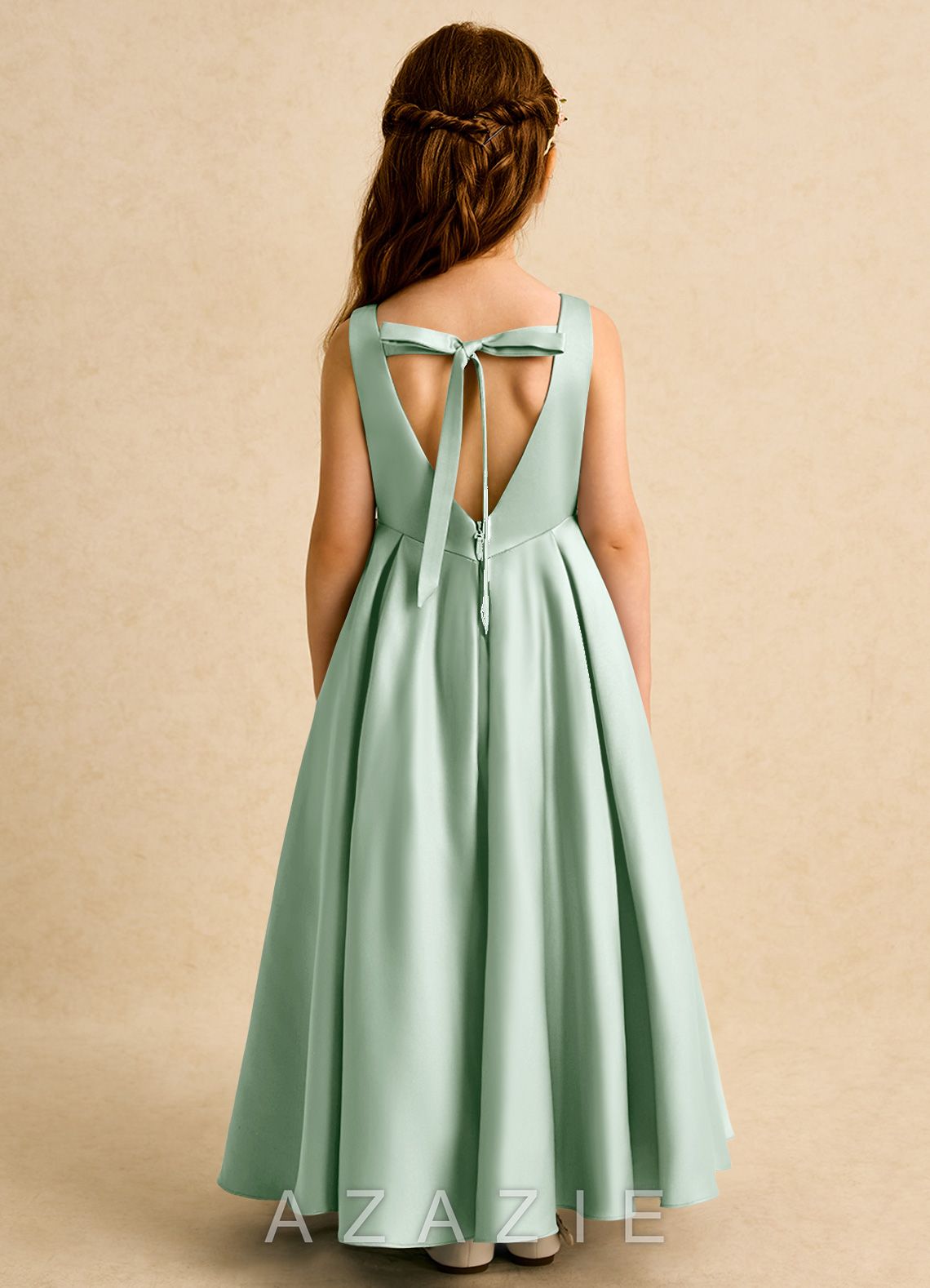 Azazie Pepper Agave A-Line Pleated Matte Satin Dress agave